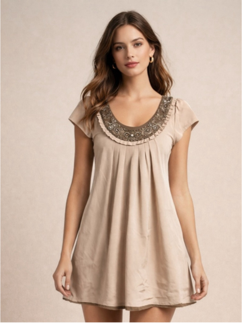 Alice + Olivia Silk Beaded Scoop Neck Mini Dress Size Small Champagne